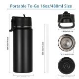 Volhoply 16 OZ Kids Water Bottle Bulk 2 Pack,Insulated Sports Bottles with Straw Lid,Stainless Steel Bottle with Handle Keep Cold & Hot,Double Wall Vacuum Tumbler Cups for School,Girls(Black, 2)