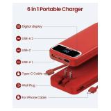 12000mAh Lightweight-Portable-Charger-Power-Bank with Built-in Cables and AC Wall Plug, PD20W USB-C Fast Charging Battery Pack, LED Display External Travel Phone Charger for All iPhone,Samsung,Android