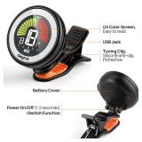 Guitar Tuner Clip on Rechargeable, Clip On Tuner with Super Bright Display Rotates 360-degrees with Guitar Ukulele Violin and Chromatic Tuning Modes for Professional Beginners
