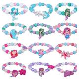 Kids Bracelets Mermaid Party Favors - 12 Pack Cute Toddlers Little Girls Ocean Wooden Beaded Bracelets, Costume Play Jewelry Princess Birthday Goodie Bag Stuffers Pinata filler Classroom Prize Gifts