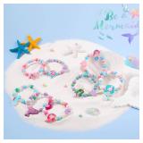 Kids Bracelets Mermaid Party Favors - 12 Pack Cute Toddlers Little Girls Ocean Wooden Beaded Bracelets, Costume Play Jewelry Princess Birthday Goodie Bag Stuffers Pinata filler Classroom Prize Gifts