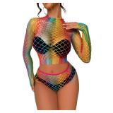 FasiCat Sexy Lingerie for Women High Neck Fishnet Bodysuit Babydoll Mini Dress Free Size Rainbow Mesh Lingerie Set See Through Shirts Long Sleeve Ladies Bikini Beachwear Coverups Clubwear