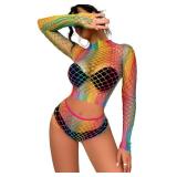 FasiCat Sexy Lingerie for Women High Neck Fishnet Bodysuit Babydoll Mini Dress Free Size Rainbow Mesh Lingerie Set See Through Shirts Long Sleeve Ladies Bikini Beachwear Coverups Clubwear