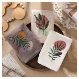 Hahafelt 3 Pack Boho Leaves Hand Towels for Bathroom 100% Cotton Embroidered Bathroom Towels 13.78 x 29.53 Inch Beach Hand Towels Absorbent Soft Cotton Towel(Beige,Bohemian Style)