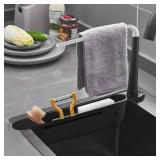 WOHPNLE Telescopic Sink Storage Rack, Retractable Sink Drainer with Bracket and Crossbar Sponge Soap Holder Kitchen Expandable Telescopic Brush Storage Rack(Black)