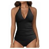 Yonique Womens Two Piece Swimsuits Tummy Control Tankini Plus Size Bathing Suit Halter V Neck Swimwear Solid Black M