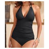 Yonique Womens Two Piece Swimsuits Tummy Control Tankini Plus Size Bathing Suit Halter V Neck Swimwear Solid Black M
