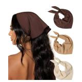 AWAYTR 3Pcs Hair Bandanas Head Kerchief for Women Girls Tie-Back Boho Hair Scarf Headband Bandana Triangle Head Scarf (Solid Color - Beige/Khaki/Brown)