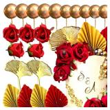 JeVenis Red Rose Cake Decoration Queen Birthday Cake Decoration Ginkgo Palm Leaves for Wedding Birthday Engagement Bridal Shower