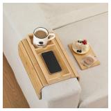 ROCDEER Sofa Arm Tray, Bamboo Large Couch Cup Holder with Hidden Storage, Sofa Armrest Tray Portable Anti-Spill Beverage Snack Remote Holder