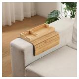 ROCDEER Sofa Arm Tray, Bamboo Large Couch Cup Holder with Hidden Storage, Sofa Armrest Tray Portable Anti-Spill Beverage Snack Remote Holder