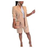 Blazer Shorts Set for Women 2024 Two Piece Outfits One Button Up Jacket and Bermuda Short Suits Apricot XXL