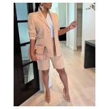 Blazer Shorts Set for Women 2024 Two Piece Outfits One Button Up Jacket and Bermuda Short Suits Apricot XXL