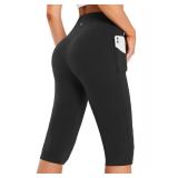 baleaf Capri Leggings for Women High Waisted Capri Pants with Pockets Knee Length Yoga Workout Casual Exercise Black L