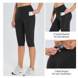 baleaf Capri Leggings for Women High Waisted Capri Pants with Pockets Knee Length Yoga Workout Casual Exercise Black L