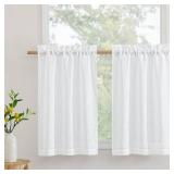 RYB HOME Kitchen Curtains, 30 inches Long Linen Rod Pocket Semi Sheer Cuartins for Basemnet Cafe, Light Filtering Bathroom Curtains Over Sink, W 26 x L 30, White, 2 Panels Set
