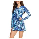 Cagola Womens Long Sleeve Swimsuits UPF 50+ One Piece Rash Guard Bathing Suit with Skirts Ladies Swimming Burkini Over 50 Blue Leaf XL