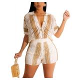 cu4eve Summer Crochet Sets Two Piece Women Sexy Knit Lounge Short Sleeve Button Down Shirt and Shorts Sets Romper