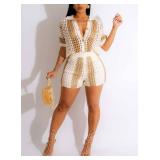cu4eve Summer Crochet Sets Two Piece Women Sexy Knit Lounge Short Sleeve Button Down Shirt and Shorts Sets Romper