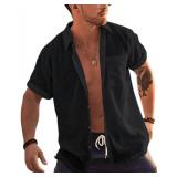 Bbalizko Mens Linen Cotton Button Up Shirts Short Sleeve Beach Tops Spread Collar Plain Summer T Shirt with Pocket Black