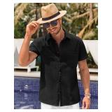 Bbalizko Mens Linen Cotton Button Up Shirts Short Sleeve Beach Tops Spread Collar Plain Summer T Shirt with Pocket Black