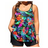 Plus Size Tankini Swimsuits - Women Two Piece Tankini Top with Shorts Flowy Swimsuit 2025 Bathing Suits Tropic Floral 14W