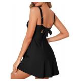 Aleumdr Womens One Piece Swimsuit Tummy Control Swim Dress Modest Full Coverage Skirt Bathing Suit with Bottom Black A X-Large