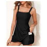 Aleumdr Womens One Piece Swimsuit Tummy Control Swim Dress Modest Full Coverage Skirt Bathing Suit with Bottom Black A X-Large