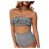 Saodimallsu Women High Waisted 2 Piece Bikini Set Bandeau Ruffle Swimsuit Top Striped Bathing Suits Black