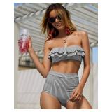 Saodimallsu Women High Waisted 2 Piece Bikini Set Bandeau Ruffle Swimsuit Top Striped Bathing Suits Black