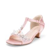 DREAM PAIRS Girls Sandals Ankle Strap T-Strap Low Heel Pearl Bow Flower Pump Dress Wedding Party Shoes for Little Kid/Big Kid,Size 5 Big Kid,Pink,KKUMHS2501