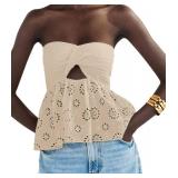 MISSACTIVER Women Twist Knot Knit Bandeau Tube Top Embroidery Strapless Off Shoulder Backless Hollow Crop Tank Corset Top Light Khaki