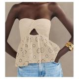 MISSACTIVER Women Twist Knot Knit Bandeau Tube Top Embroidery Strapless Off Shoulder Backless Hollow Crop Tank Corset Top Light Khaki