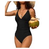 Charmo Tummy Control One Piece Swimsuits for Women Ruched Bathing Suits Padded High Cut Monokini Black X-Large