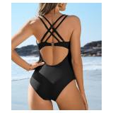 Charmo Tummy Control One Piece Swimsuits for Women Ruched Bathing Suits Padded High Cut Monokini Black X-Large