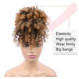 ENTRANCED STYLES Drawstring Ponytail with Bangs Afro Puff Ponytail Extensions for Women Short Curly Puff Ponytail with Bangs Clip in Wrap Updo Hairpiece for Women(#T30)