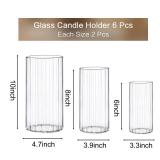 PHOSPHOR 6 PCS Ribbed Glass Candle Holder, Cylinder Candle Holders for Pillar Candles, Clear Glass Hurricane Candle Holders 6
