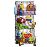 Outdoor Toy Storage Basket, Play Kitchen Organizer with 5 S-Hooks,3 Tier Rolling Storage Cart Garage, Pantry Floor Snack Cart with Wheels,Toy Shelf Dog Storage Organizer Kids Bookshelf