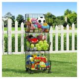 Outdoor Toy Storage Basket, Play Kitchen Organizer with 5 S-Hooks,3 Tier Rolling Storage Cart Garage, Pantry Floor Snack Cart with Wheels,Toy Shelf Dog Storage Organizer Kids Bookshelf