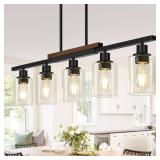 37\" Farmhouse Dining Room Light Fixture Over Table, 5-Light Matte Black Wood Kitchen Island Lighting with Clear Glass Shade, Pendant Lights Linear Chandeliers for Dining Room Kitchen Island