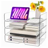 Paper Organizer Letter Tray, 4 Pack Acrylic Stackable Desk File Organizer,Clear Office Organizer for File Paper, Ipad, Letter, A4 Office File, Books, Notes, Etc