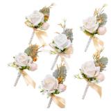 Fnize Champagne Boutonniere for Men, 6 Pcs Groom Groomsmen Boutonnieres, Artificial Flowers for Wedding Prom Homecoming