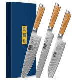 Retails for $180! HOSHANHO 3 Pieces Kitchen Knife Sets, Ultra Sharp Professional Damascus Super Steel Chef Knives Sets with Ergonomic Olive Wood Handle, Including Chef, Bread, Santoku Knives