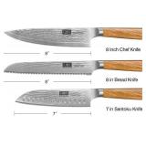 Retails for $180! HOSHANHO 3 Pieces Kitchen Knife Sets, Ultra Sharp Professional Damascus Super Steel Chef Knives Sets with Ergonomic Olive Wood Handle, Including Chef, Bread, Santoku Knives