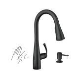 APPEARS NEW - Moen Essie Matte Black MotionSense Wave One-Handle Touchless Kitchen Faucet with Pulldown Sprayer and Soap Dispenser, 87014EWBL