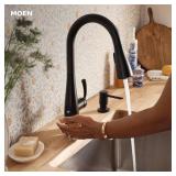 APPEARS NEW - Moen Essie Matte Black MotionSense Wave One-Handle Touchless Kitchen Faucet with Pulldown Sprayer and Soap Dispenser, 87014EWBL