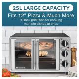 APPEARS NEW - Elite Gourmet ETO2530M Double French Door Countertop Toaster Oven, Bake, Broil, Toast, Keep Warm, Fits 12 pizza, 25L capacity, Stainless Steel & Black