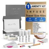 FACTORY SEALED - Infuse Amenity & Accessory Kit | 1 oz Travel Size Shampoo, Conditioner, Lotion, Body Wash, 2 Cleansing Bars, Shave & Dental Sets, Make-Up Remover Wipes, & Vanity Kit | 1 set per case