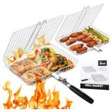 Nesting Grill Baskets, 2pcs Grilling Baskets for Outdoor with Removable Handle, Stainless Steel BBQ Camping Cooking Accessories Tools for Fish, Vegetable, Shrimp - Gifts for Men Dad Husband
