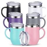 Suclain 6 Pcs 12oz Insulated Coffee Mug with Handle Bulk Stainless Steel Double Wall Vacuum Travel Mug Tumbler Cup with Sliding Lid(Multicolor)